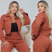 Jaqueta Jeans Feminina Com Botão Forrado Terra Cota Casual Jaqueta Jeans Feminina Com Botão Forrado Terra Cota Casual