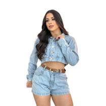 Jaqueta Jeans Feminina Cropped Azul Claro - Casual e Moderna