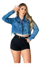 Jaqueta Jeans Feminina Cropped Manchada - Lançamento Da Moda