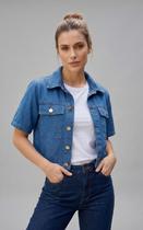 Jaqueta Jeans Feminina Cropped Manga Curta Botões e bolsos Denim Colete Jaqueta Jeans Feminina Cropped Manga Curta Botões e bolsos Denim Colete