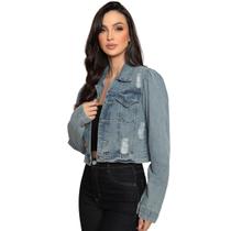 Jaqueta Jeans Feminina Lavagem Clara com Puídos