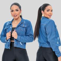 Jaqueta jeans feminina manga longa com puídos casaco algodão 100% premium