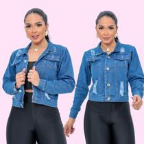Jaqueta jeans feminina manga longa com puídos casaco algodão 100% premium - Senhorita Torres