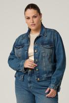 Jaqueta Jeans Feminina Plus Size, Azul Escuro, Destroyed Jaqueta Jeans Feminina Plus Size, Azul Escuro, Destroyed