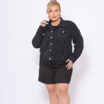 Jaqueta Jeans Feminina Plus Size Black Lavagem Estonada Tamanhos Grandes