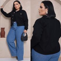 Jaqueta Jeans Feminina Plus Size Preta com Botões Ferro