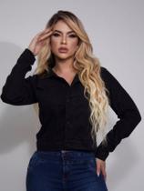 Jaqueta jeans feminina premium preta com botão tecido destroyer