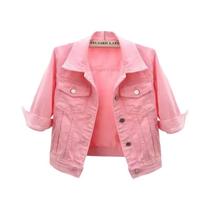 Jaqueta Jeans Feminina Rosa Roxa Amarela Curta Casual Solta Para Primavera Outono