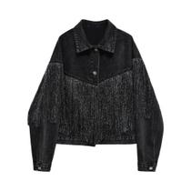 Jaqueta Jeans Feminina Vintage Solta Com Franjas, Manga Longa, Gola Lapela, Estilo Retrô Curta