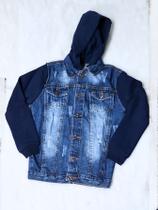Jaqueta jeans Infantil e juvenil com manga e capuz em moletom 04 ao 16 Jaqueta jeans Infantil e juvenil com manga e capuz em moletom 04 ao 16