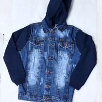 Jaqueta jeans Infantil e juvenil com manga e capuz em moletom 04 ao 16