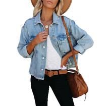 Jaqueta jeans LONGBIDA feminina desgastada, lavada e cortada, azul