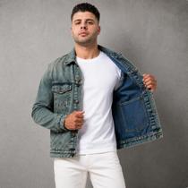 Jaqueta Jeans Masculina Premium Lavagem Verde Estonada Casual Classica TAMANHO:PCOR:VERDE ESTONADO Jaqueta Jeans Masculina Premium Lavagem Verde Estonada Casual Classica TAMANHO:PCOR:VERDE ESTONADO