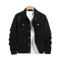 Jaqueta Jeans Masculina Preta Com Rasgos, Corte Regular, Estilo Urbano Casual