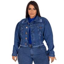 Jaqueta Jeans Plus Size Feminina Cropped Barra Desfiada Sem Lycra Destroyed