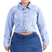 Jaqueta Jeans Plus Size Feminina Cropped Sem Lycra Destroyed