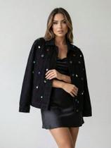 Jaqueta Jeans Preta Feminina Maxxi Oversized Com Pedras Coloridas Brilho Denim Premium Tamanho:M Jaqueta Jeans Preta Feminina Maxxi Oversized Com Pedras Coloridas Brilho Denim Premium Tamanho:M