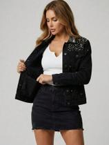 Jaqueta Jeans Preta Feminina Oversized Com Pérolas E Strass Brilho Luxo Denim Premium Com Bolsos E Gola Decorada Tamanho Jaqueta Jeans Preta Feminina Oversized Com Pérolas E Strass Brilho Luxo Denim Premium Com Bolsos E Gola Decorada Tamanho