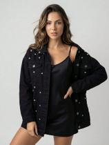 Jaqueta Jeans Preta Maxxi Oversized Feminina com Decoração de Pérolas em Trio Denim Bordado Premium Tamanho:GG