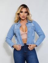 Jaqueta jeans rasgada feminina 100% cristal com botão envelopado