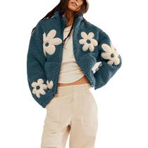 Jaqueta Maixang com estampa floral Sherpa Fleece azul de inverno para mulheres