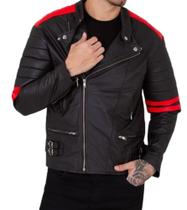 Jaqueta Masculina Couro Bovino Estilo Motoqueiro Biker detalhes em vermelho