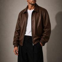 Jaqueta Masculina de Couro Vintage Oversized Poliuretano Bomber com Zíper Moda Casual Streetwear Pre