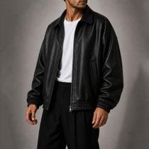 Jaqueta Masculina de Couro Vintage Oversized Poliuretano Bomber com Zíper Moda Casual Streetwear Pre
