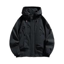Jaqueta Masculina Impermeável Com Capuz, Corta-Vento, Zíper, Cargo, Preta, Bomber, Para Camping E
