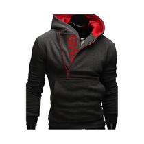 Jaqueta Masculina Preta Com Capuz E Zíper, Manga Longa, Gola Alta, Estilo Pulôver