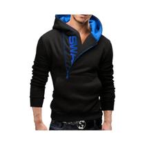 Jaqueta Masculina Preta Com Capuz E Zíper, Manga Longa, Gola Alta, Estilo Pulôver