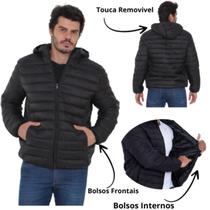 Jaqueta Masculina Puffer Preta De Ziper com Touca Removível e Bolsos internos