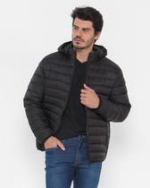 Jaqueta Masculina Puffer Preta De Ziper com Touca Removível e Bolsos internos