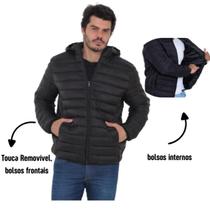 Jaqueta Masculina Puffer Preta De Ziper com Touca Removível e Bolsos internos