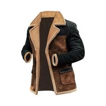 Jaqueta Masculina Vintage De Camurça Com Blocos De Cores E Gola De Pele De Carneiro, Casaco De