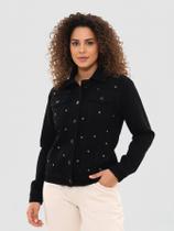 Jaqueta Maxxi Oversized Feminina Jeans Preto com Decoração de Ilhos