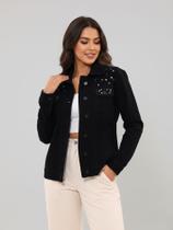 Jaqueta Maxxi Oversized Feminina Jeans Preto com Decoração de Taxas e Ilhos