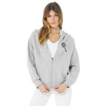 Jaqueta Moletom Feminina Cinza Com Ziper Bolso Canguru Capuz Relaxado