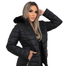 Jaqueta Nylon Puffer Forrada Pelúcia Com Pelo No Capuz Brisa