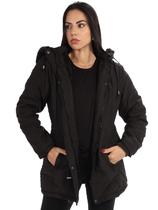 Jaqueta Parka Casaco Anistia Feminina Sarja Forro De Pelos Capuz Destacavel Com Bolsos Grossa Inverno Ajuste Lateral