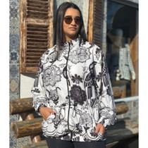 Jaqueta Parka Corta Vento Feminina com Forro e Estampa P ao G - Preto e Branco