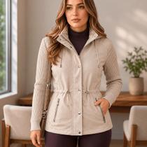 Jaqueta Parka Feminina Casaco Manga Combinada Tricô Blusa De Frio Luxo Inverno Peluciada