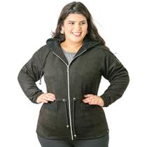 Jaqueta Parka Feminina Com Capuz e Bolsos Suede Detalhes em Pelos Plus Size