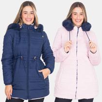 Jaqueta Parka Feminina Dupla Face Nylon Peluciada Com Capuz