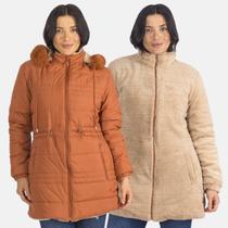 Jaqueta Parka Feminina Dupla Face Nylon Peluciada Com Capuz