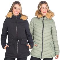 Jaqueta Parka Feminina Nylon Dupla Face Com Capuz Removível