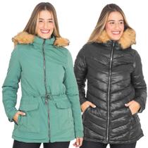 Jaqueta Parka Feminina Nylon Dupla Face Com Capuz Removível