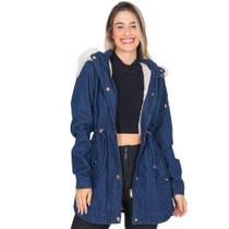 Jaqueta Parka Jeans Feminina Peluciada Com Capuz Bolsos