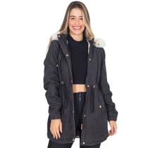 Jaqueta Parka Jeans Feminina Peluciada Com Capuz Bolsos