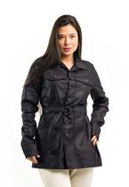 Jaqueta Parka Jeans Resinada Feminina Tipo Couro Casaco Sobretudo Inverno